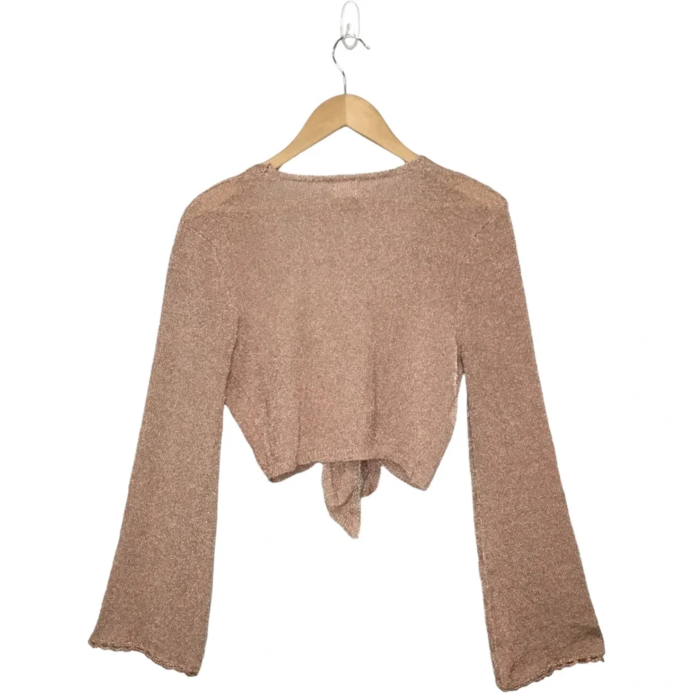 Dee Elly Metallic Shimmer Cropped Front Tie Bell Long Crochet Sleeve Rose Gold S - Picture 8 of 12